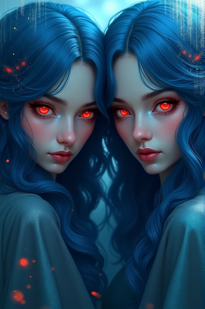 2 woman blue hair red eyes