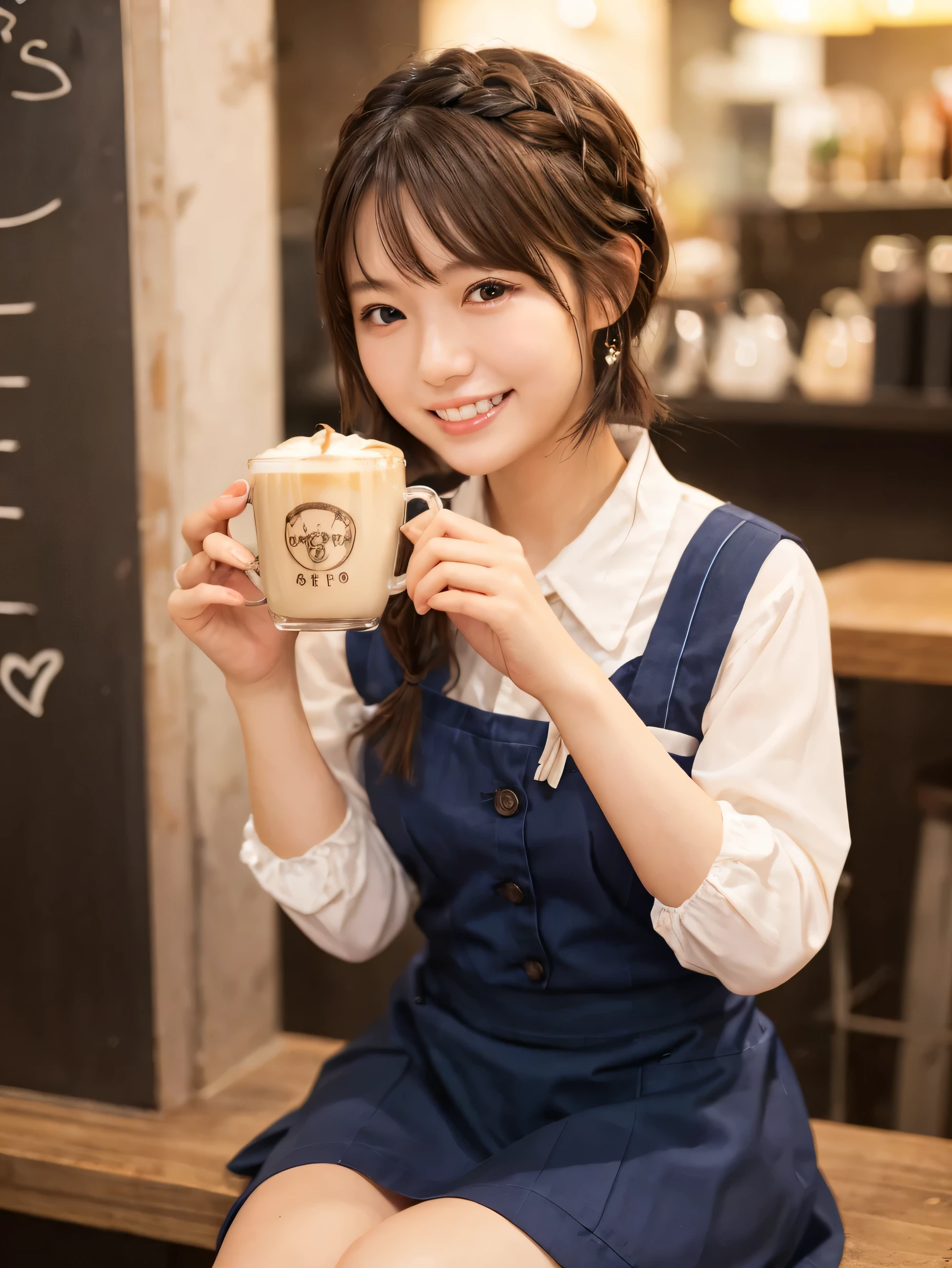 1 girl、(RAW Photos、Highest quality)、(Real、Photoreal:1.4)、Tabletop、Very delicate and beautiful、Very detailed、2k wallpaper、wonderful、Detailed、very detailedCG Unity 8K wallpaper、Super detailed、2、High resolution、Blue waitress outfit、Long skirt、Frills、ribbon、Soft Light、Beautiful detailed girl、Cafe waitress、Short Medium Hair、Braided Hair、Very detailed目と顔、smile、Happy Face、Cafe、coffee shop、latte Art