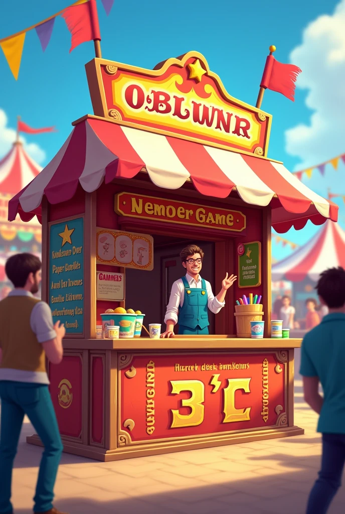 A poster of stall selling games such as Knocking the paper cups
Flipping of bottle 
Coin in a bucket
Throwing the rings
And prize pen
Displaying it's details and it's cost