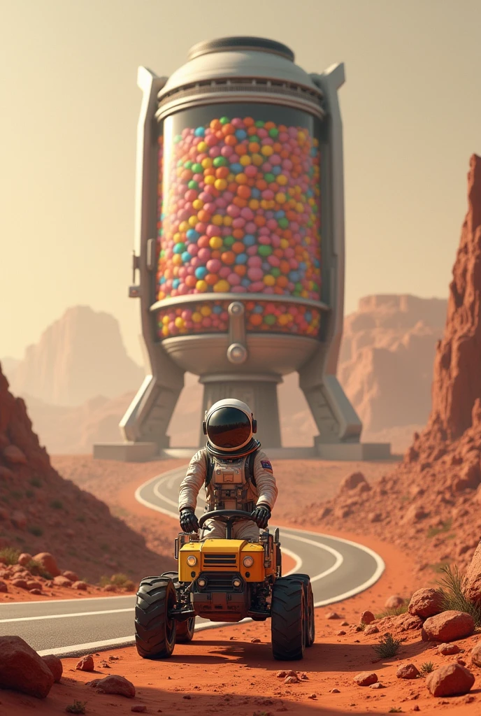 Astronaunt dricing martihi standing on a highway with a Big dink waja of candies on the background