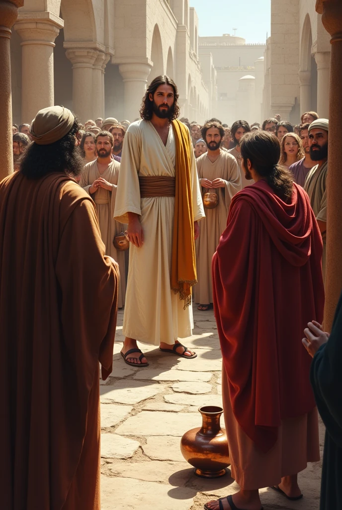 Create a scene set in the time of Jesus, where Pharisees and teachers of the Law, dressed in traditional clothing of the time, are gathered around Jesus. They are watching closely as some of Jesus' disciples eat bread without washing their hands.. Jesus is at the center, in a teaching gesture, with a serious and serene expression, speaking to the crowd surrounding him. No fundo, you can see the busy square and elements of the time, like copper vessels and jars, symbolizing the purification customs of the Jews. The crowd, composed of men, women and children, listen carefully. The setting should reflect the typical environment of ancient Judea, with an atmosphere of tension and reflection on the tradition and teachings of Jesus.