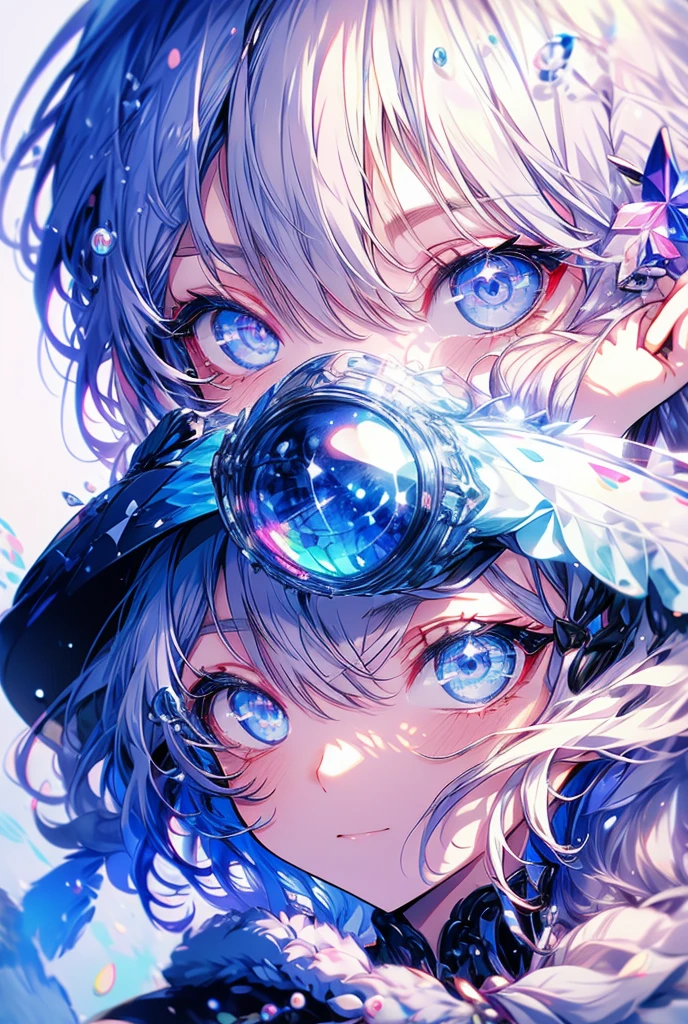 One girl, High-resolution model, White Hair,Purple right eye,Left eye blue,Your eyes shine like jewels,water droplets,Starlight,Long Hair,