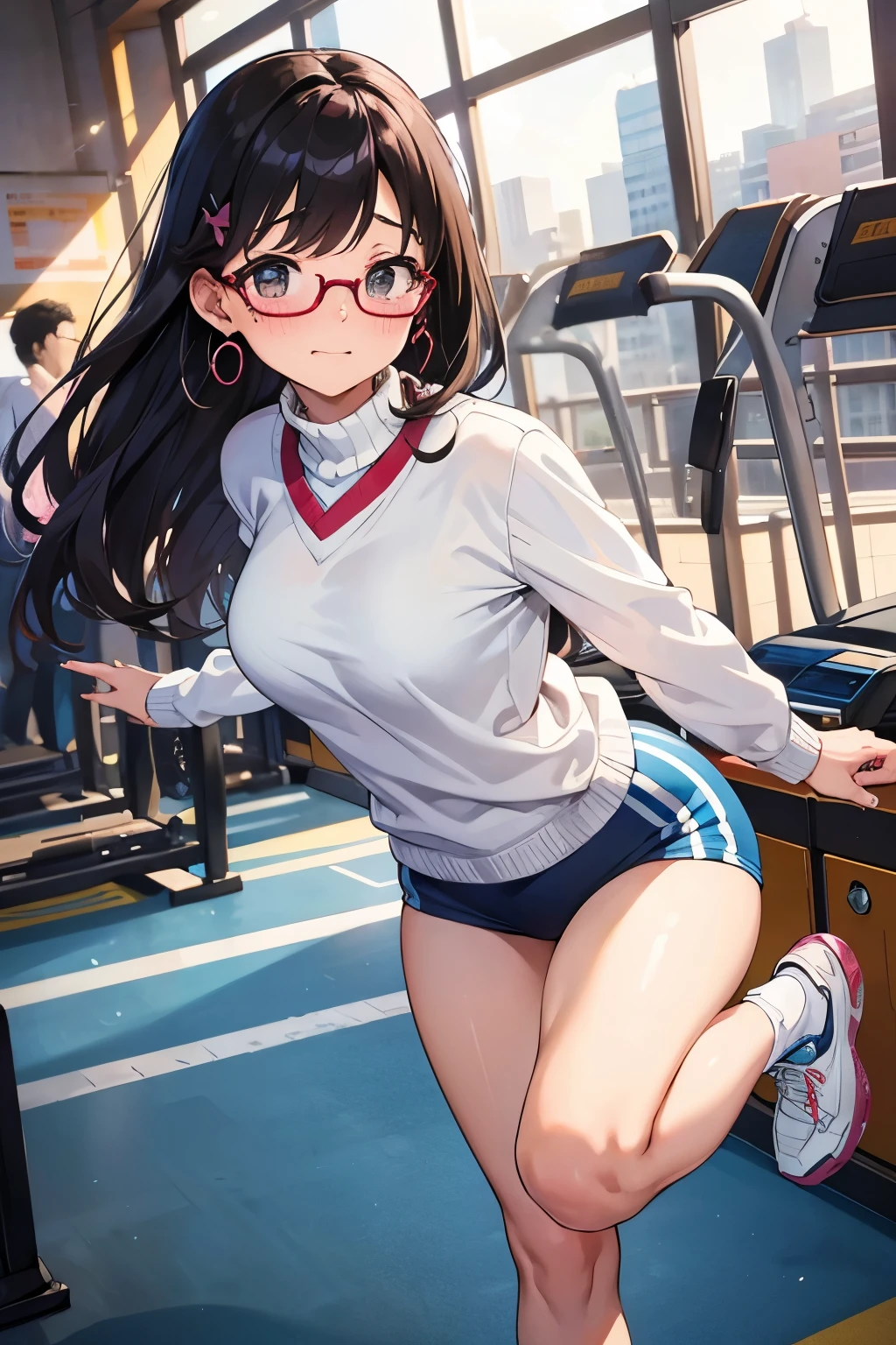 Beauty、30 years old、Dynamic Angle、Sexy、school gym buruma、sweater、Vibrant、Beautiful feet、Adorable expression、Earrings、Run、Building district、Backwards、Glasses、Blushing、Embarrassed