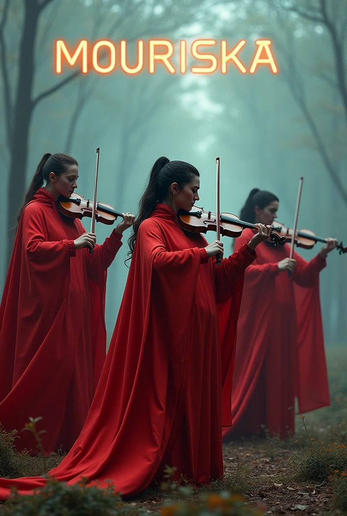 Cyborg wemen orchestra playing violencelle and all of them wearing red cape,vivid cinematic4k colors in a foggy forrest, the wemen should look like faminine make it as cover music album with the na Mouriska writed in futuristic orange typographical style