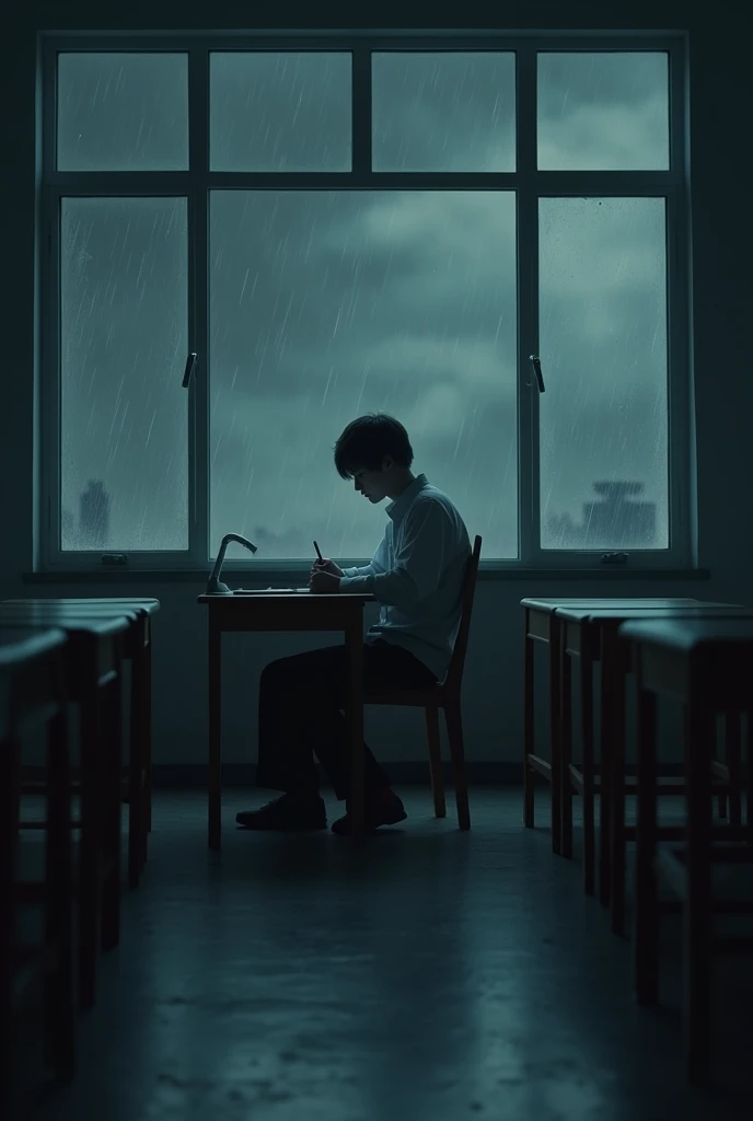 A young boy, about 20 years old, sits in a large classroom. He sits alone in the dark. He wears a white shirt, long black pants, sitting and holding a pen, doing his homework on a paper on the table. He looks out the window. Outside, it is raining and the sky is dark. The camera angle is Long Shot, Horror theme.