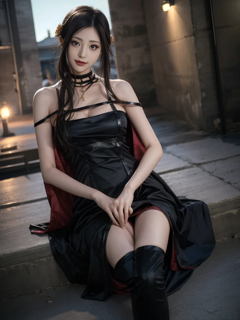 (Highest quality, 4K, masterpiece :1.3), Beautiful woman, Surreal, 1 person,),Ajolf, Side Lock,Short hair and long straight hair, Gold Hair Band, Gold earrings, Gold Hair Ornament, Big Breasts, Exposing shoulders, Black Dress, Double-sided dress with red rose cape, choker, Thigh-high boots, , Fingerless gloves, Thigh-high boots,Slender beauty, (Huge breasts, Attractive body :1.2), Abdominal exercises :1.1, Long black hair 1.1, Highly detailed face, Lip details, Beautiful Eyes, double eyelid, Sexy low neck dress, Open neckline, Twisting waist pose, Visible curves,Muscular, Bent legs, Yugal, masterpiece, Highest quality, High resolution, aaYugalf,Cowboy Shot, Are standing, Looking at the audience, Outdoor, night, (Perfect Anatomy:1.Big Ass, jewelry, Off the shoulder, Black Pantyhose, Cute Smile, Beautiful and bright lighting, Beautiful breasts,Place your hands behind your back,