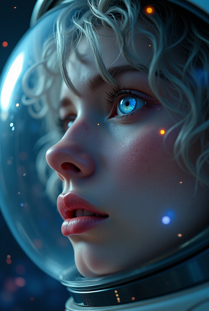 (Close-up of a better masterpiece:1.5)0.9], (Space and astronauts:1.2) (Messy silver hair:1.1) (Heterochromia xanthochromia and blue eyes:1.2) (Space Helmet:1.0) (Colored stars in the eyes:1.0) (A radiant glow:1.1) (thick lips:0.9)
