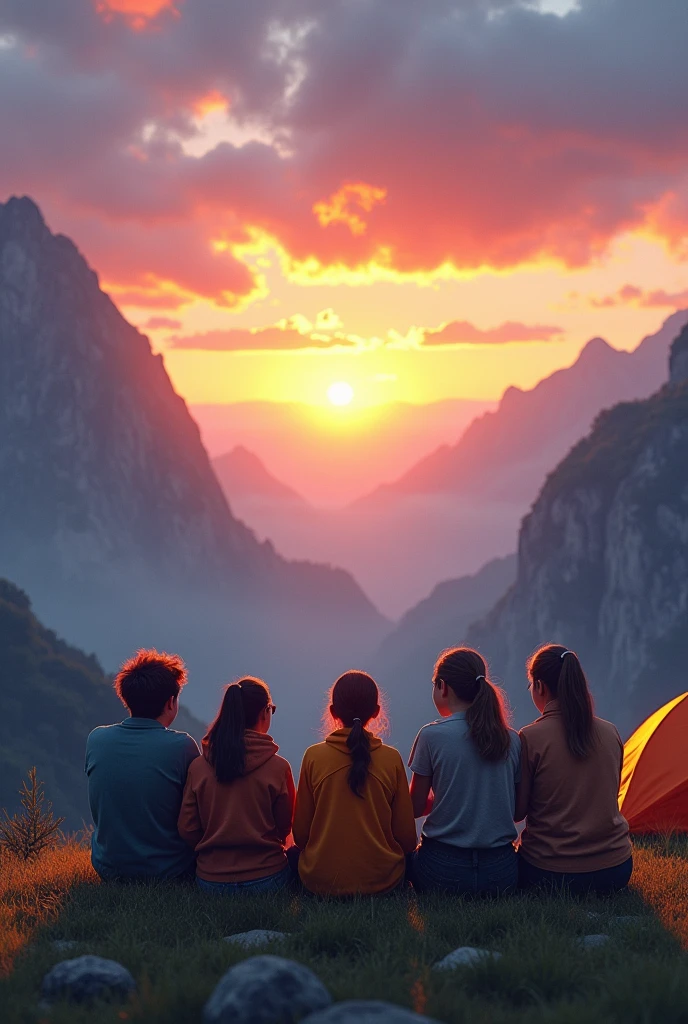 5 persons camping on the mountain and sitting next to the tent and look at the sun set.