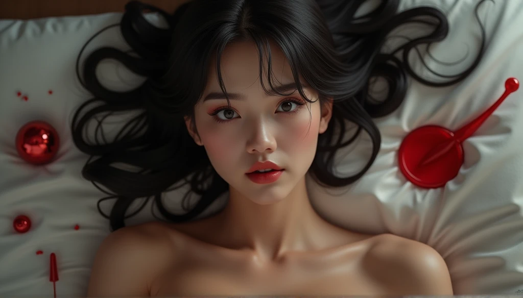 15 year old girl, beautiful, king, lying on a bed, naked, brown nipples, realist