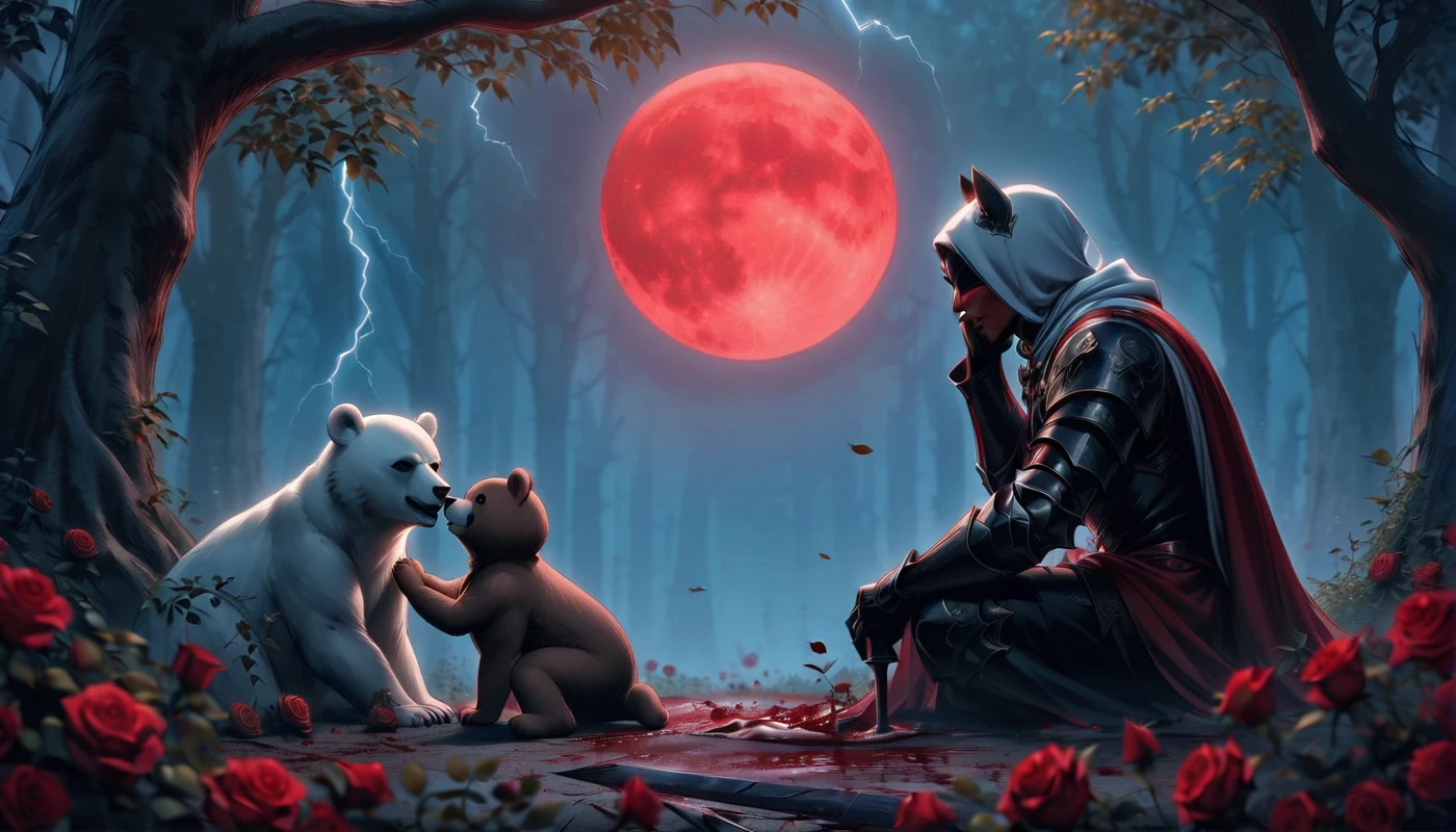 Male knight with a white hood with bear ears and a sword behind his back sits on the ground towards a baby polar bear and a baby brown bear in a forest while the moon shines, many Roses cover the ground and lightning falls from the sky. The baby polar bear plays with the baby brown bear while the knight enjoys watching them. Only the man wears a red blindfold. In the background of the picture is the blood moon and a tree has fallen down in the path. The forest is full of trees with leaves. The armor of the man is black and red roses decorate it. The sky is full of stars. The knight is thoughtfully touching his face.