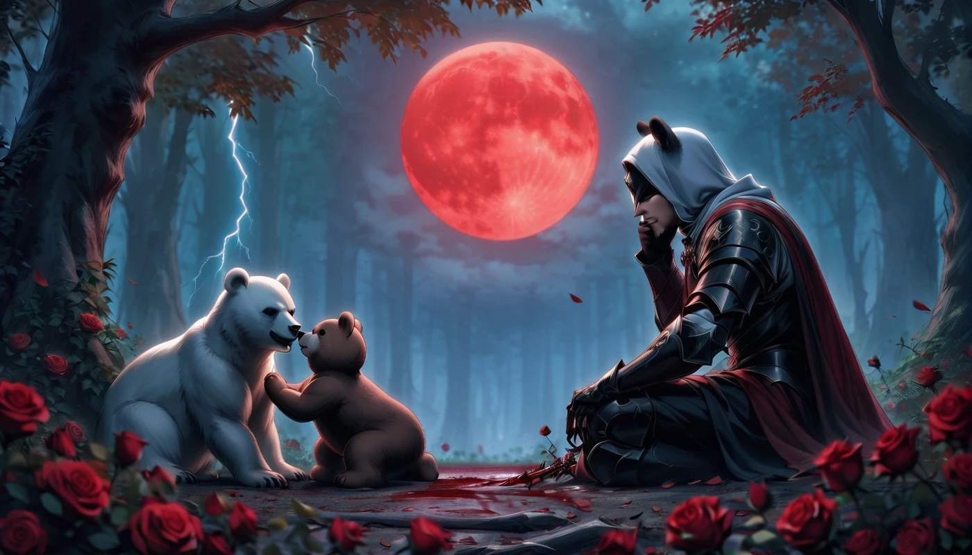 Male knight with a white hood with bear ears and a sword behind his back sits on the ground towards a baby polar bear and a baby brown bear in a forest while the moon shines, many Roses cover the ground and lightning falls from the sky. The baby polar bear plays with the baby brown bear while the knight enjoys watching them. Only the man wears a red blindfold. In the background of the picture is the blood moon and a tree has fallen down in the path. The forest is full of trees with leaves. The armor of the man is black and red roses decorate it. The sky is full of stars. The knight is thoughtfully touching his face.