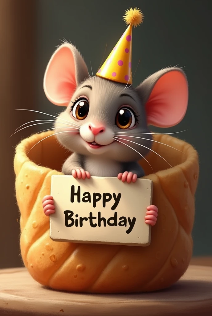 Create a mouse with birthday cgapeu. The mouse must be lying down smiling inside a salt bread holding a sign that says happy birthday friend rat in Portuguese
