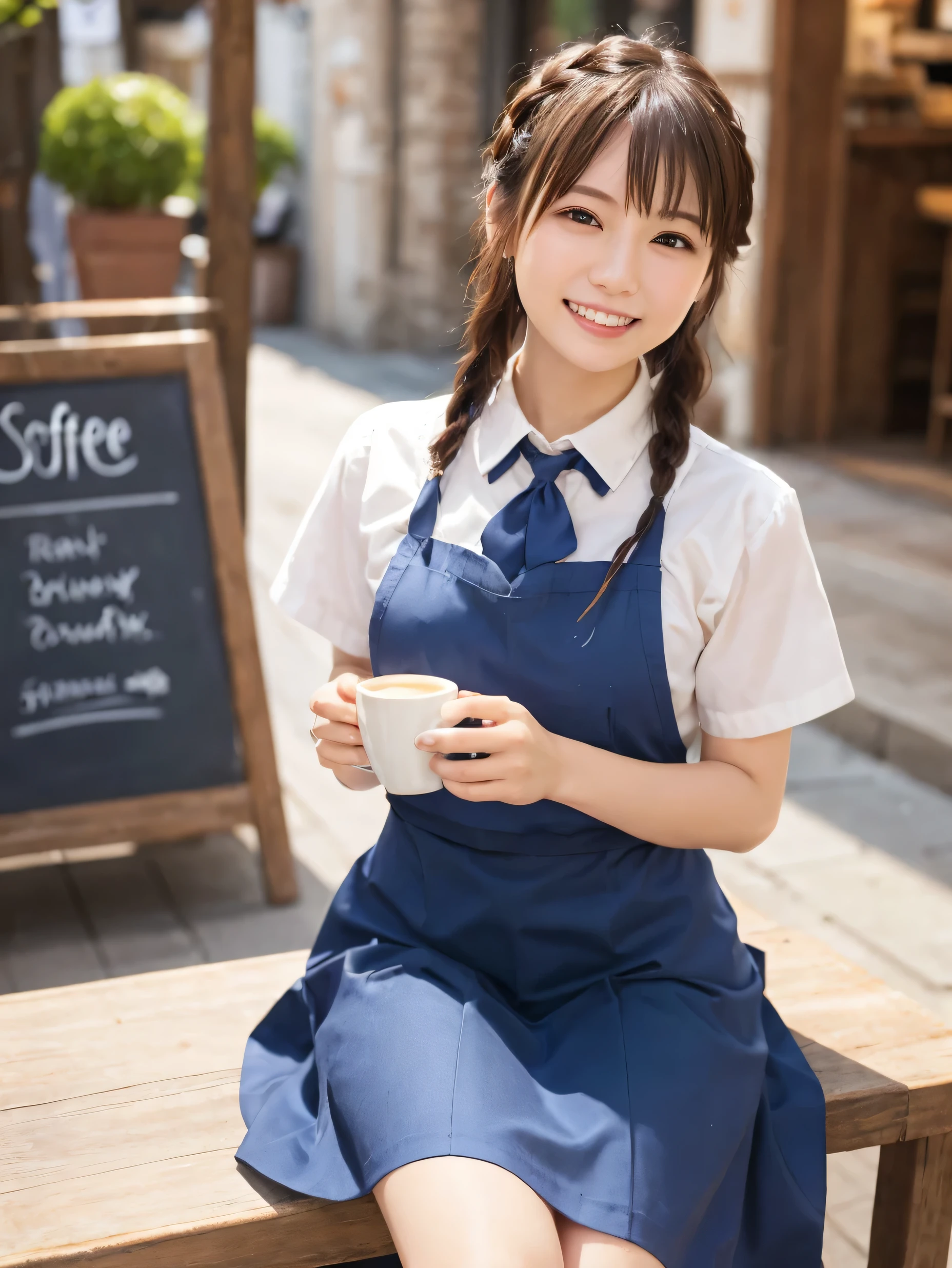 1 girl、(RAW Photos、Highest quality)、(Real、Photoreal:1.4)、Tabletop、Very delicate and beautiful、Very detailed、2k wallpaper、wonderful、Detailed、very detailedCG Unity 8K wallpaper、Super detailed、2、High resolution、Blue waitress outfit、Long skirt、Frills、ribbon、Soft Light、Beautiful detailed girl、Cafe waitress、Short Medium Hair、Braided Hair、Very detailed目と顔、smile、Happy Face、Cafe、coffee shop、latte Art