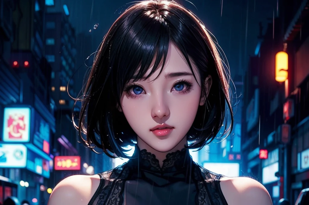 1 girl, black dress, Best Illustrations, Blue LED light, high tech, Ultra-high resolution, 32K, (detailed:1.4), Cyberpunk City Background, Rainy Street, Beautiful Face, Professional Lighting, masterpiece, Very delicate and beautiful, Professional photos,