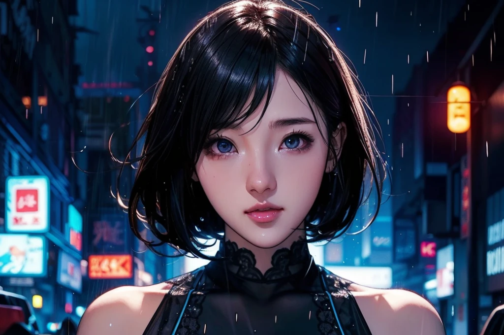 1 girl, black  dress, Best Illustrations, Blue LED light, high tech, Ultra-high resolution, 32K, (detailed:1.4), Cyberpunk City Background, Rainy Street, Beautiful Face, Professional Lighting, masterpiece, Very delicate and beautiful, Professional photos,