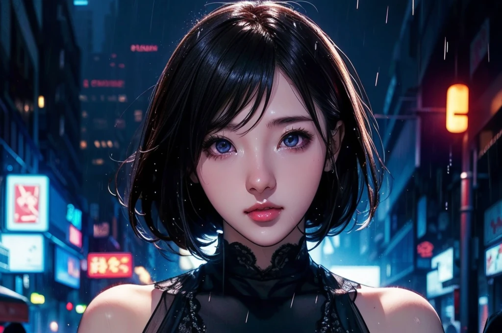 1 girl, black dress, Best Illustrations, Blue LED light, high tech, Ultra-high resolution, 32K, (detailed:1.4), Cyberpunk City Background, Rainy Street, Beautiful Face, Professional Lighting, masterpiece, Very delicate and beautiful, Professional photos,
