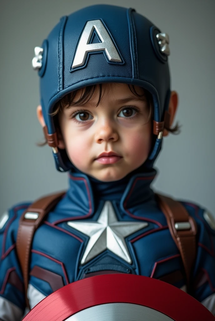 CREATE A PHOTO OF A  CHILD WITH DARK EYES DRESSED AS CAPTAIN AMERICA