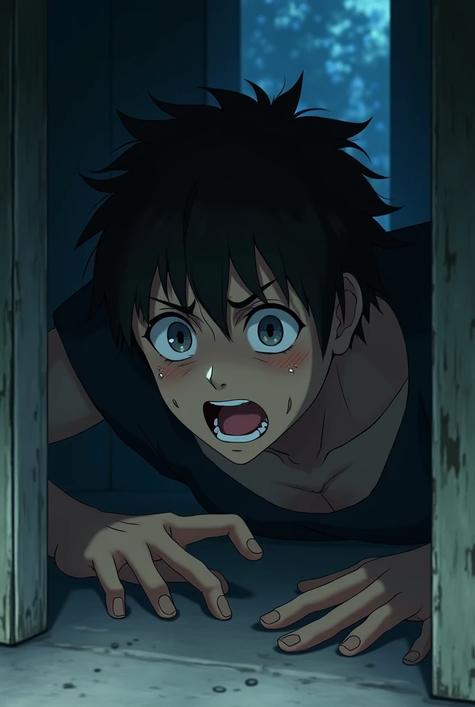 anime. anime man, scared in a corner , anime.
