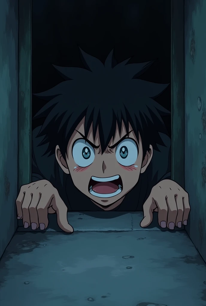 anime. anime man, scared in a corner , anime.