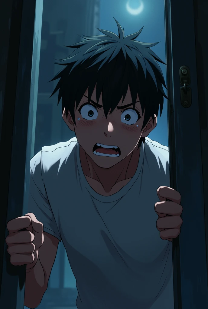 anime. anime man, scared in a corner , anime.