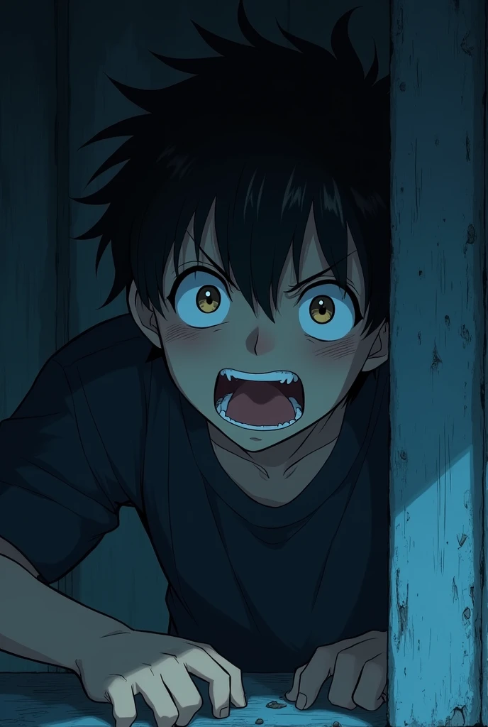 anime. anime man, scared in a corner , anime.