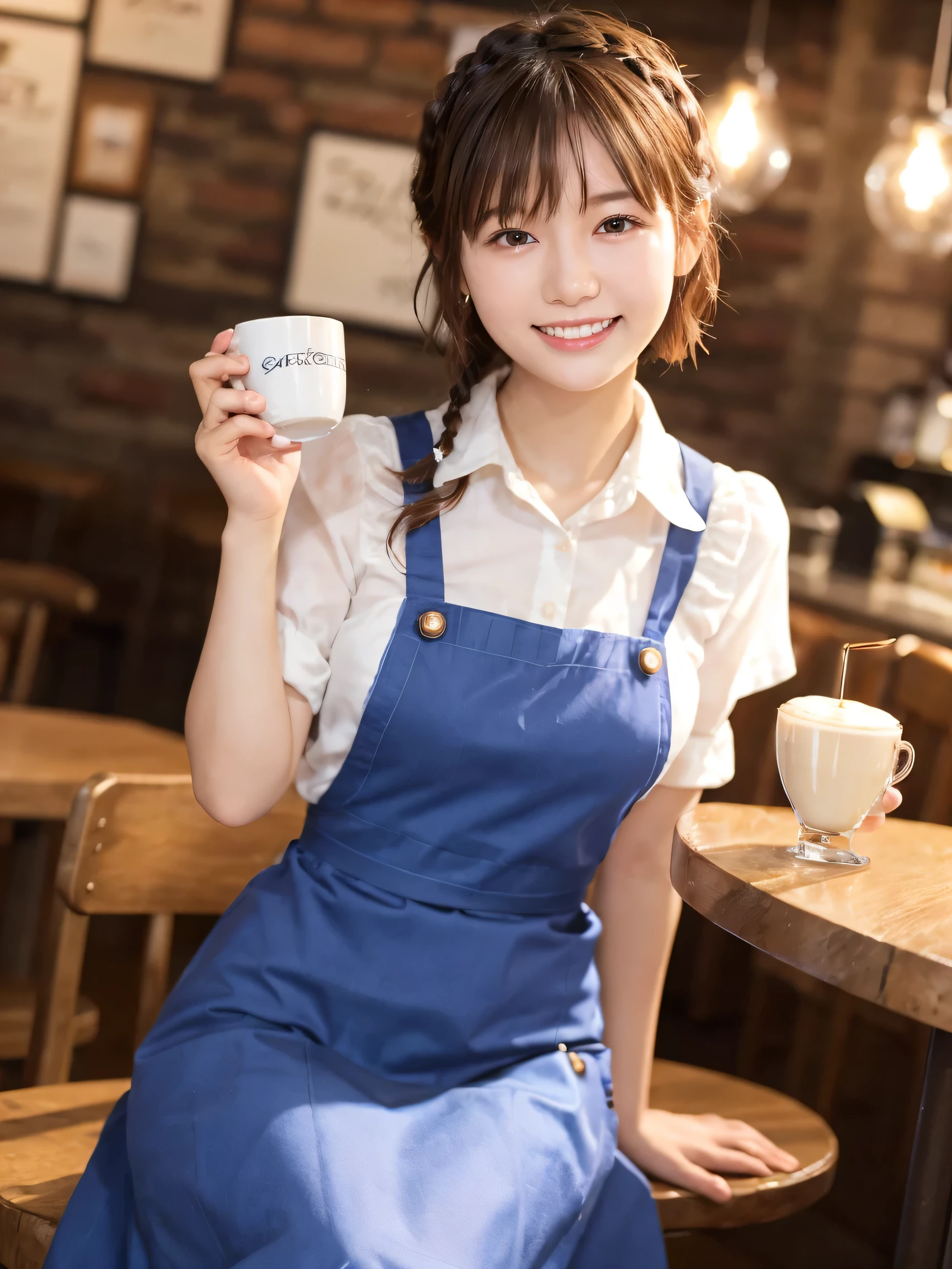 1 girl、(RAW Photos、Highest quality)、(Real、Photoreal:1.4)、Tabletop、Very delicate and beautiful、Very detailed、2k wallpaper、wonderful、Detailed、very detailedCG Unity 8K wallpaper、Super detailed、2、High resolution、(Blue waitress outfit)、Long skirt、Frills、ribbon、Soft Light、Beautiful detailed girl、Cafe waitress、Short Medium Hair、Braided Hair、Very detailed目と顔、smile、Happy Face、Cafe、coffee shop、latte Art