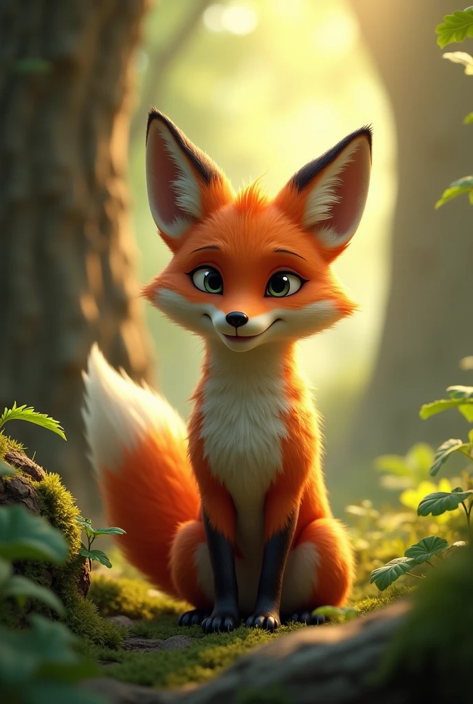 A fox smiles slyly in the forest.