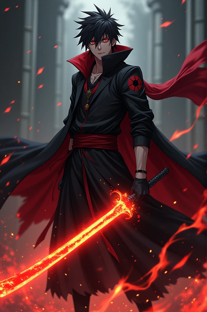 A male anime character with a Mangekyo sharingan and a burning blade wearing akatsuki clothes