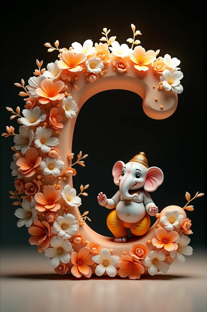 A cute, Lord Ganesh, standing next to a large, black letter “C” adorned with white and orange flowers. The background is simple dark, and the lighting is soft and warm. full hd quality picture, 32k quality images.