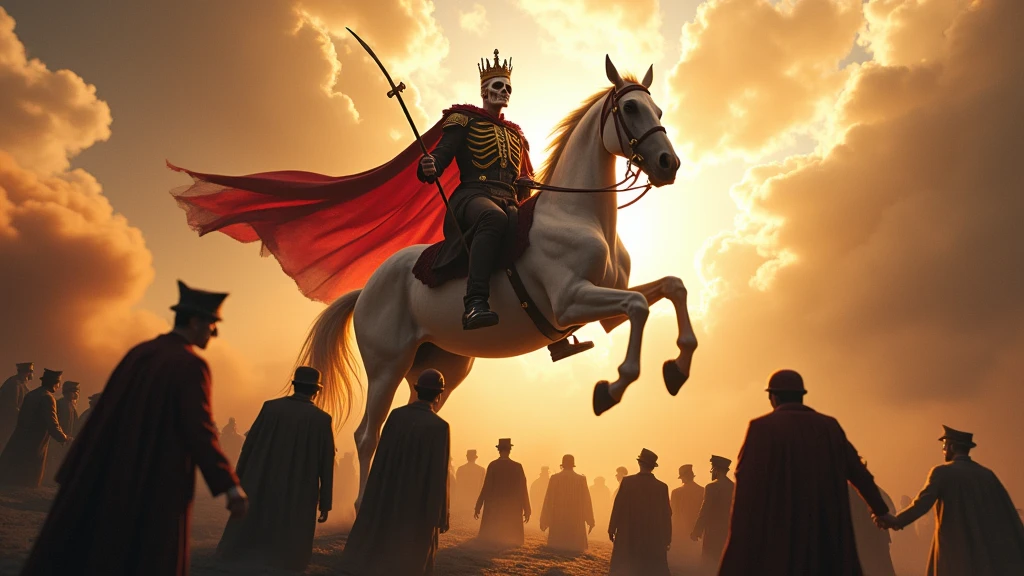 A CAPTIVATING CINEMATOGRAPHIC SCENE OF AN APOCALYPTIC DAY WHERE WORLD LEADERS ARE DESPERATELY CRYING AND KNEELING ON THE GROUND, IN THE HEAVENS A captivating celestial vision of a beautiful scene of a skull-faced apocalyptic horseman NEXT TO on a beautiful white horse, carrying a bow and a QUIVER OF ARROWS ON HIS BACK AND A CROWN ON HIS HEAD, a luxurious cloak hanging over his shoulders.