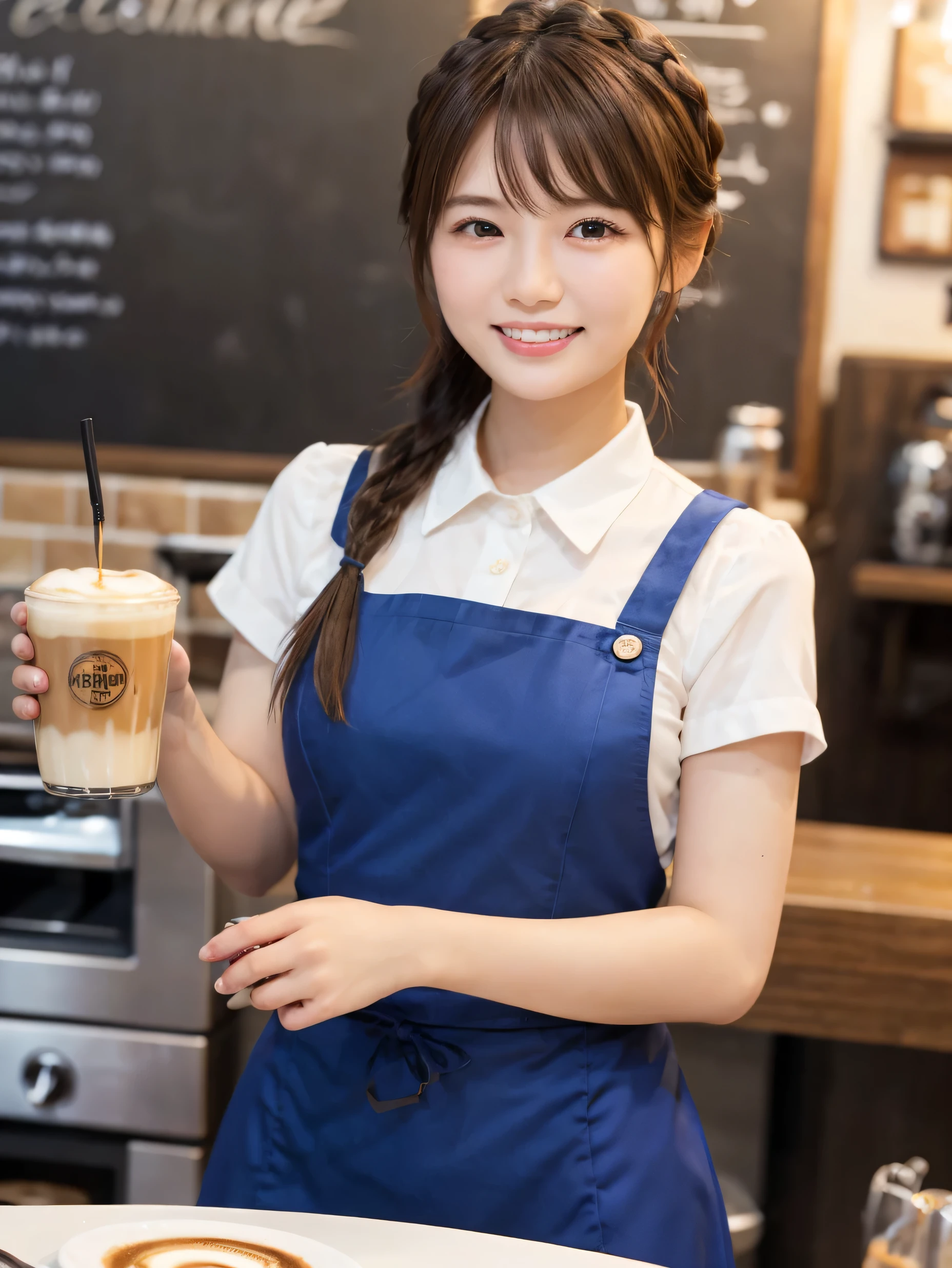 1 girl、(RAW Photos、Highest quality)、(Real、Photoreal:1.4)、Tabletop、Very delicate and beautiful、Very detailed、2k wallpaper、wonderful、Detailed、very detailedCG Unity 8K wallpaper、Super detailed、2、High resolution、(Blue waitress outfit)、Long skirt、Frills、ribbon、Soft Light、Beautiful detailed girl、Cafe waitress、Short Medium Hair、Braided Hair、Very detailed目と顔、smile、Happy Face、Cafe、coffee shop、latte Art