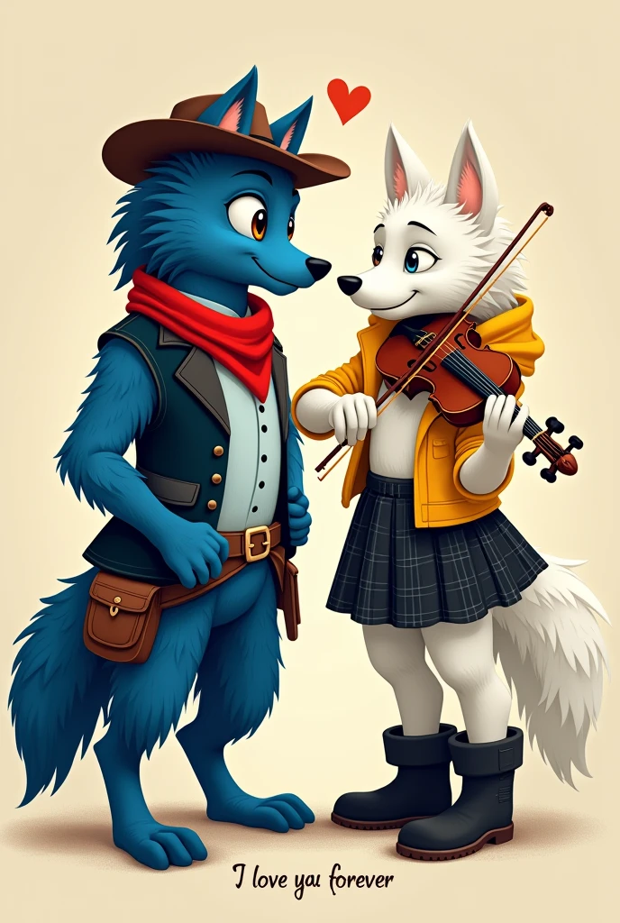 Poster, loup cowboy poil bleu yeux blanc et pupille noire, foulard rouge, chapeau marron, nez noire / louve blanc, violoniste, jupe à carreau noir, bottes noires, vêtement Jaune/ titre : I love you forever