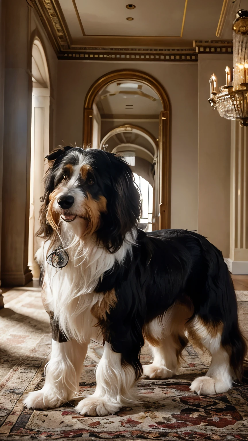 Generate a high-resolution image of a one Bearded Collie dog set against a luxurious background. The image should feature the breed's unique characteristics and personality, with an opulent setting such as a grand mansion interior, a lavish garden, or an elegant penthouse