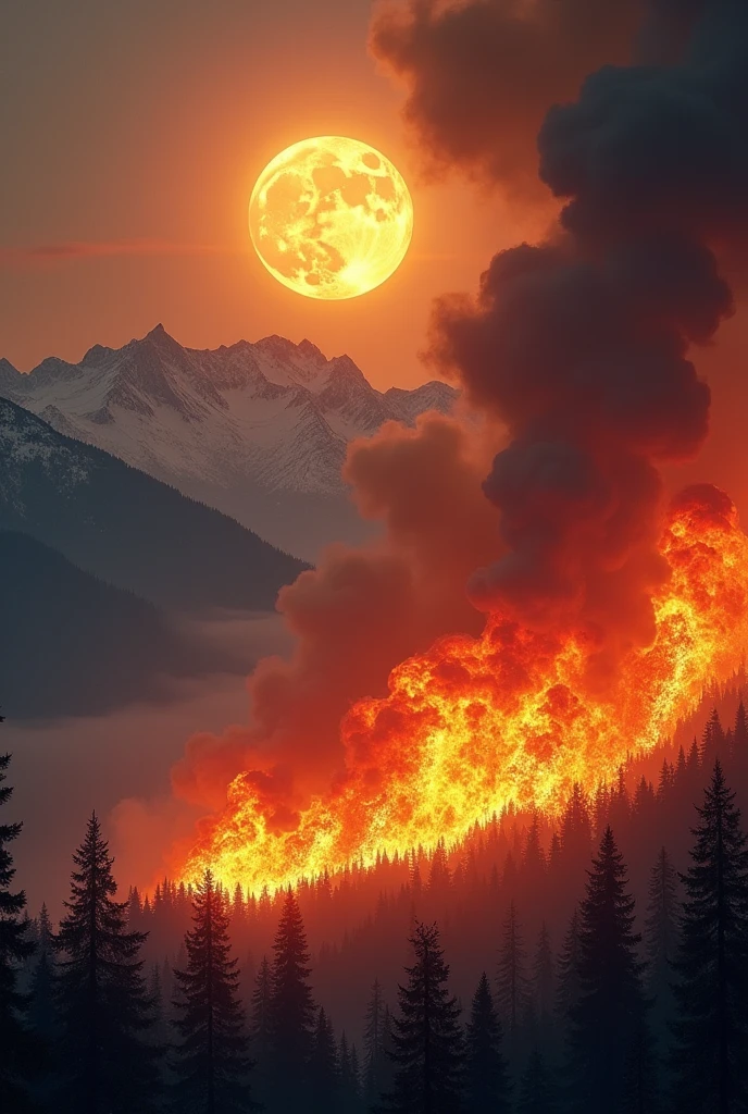 wildfire under the big yellow moon and have mountain Background