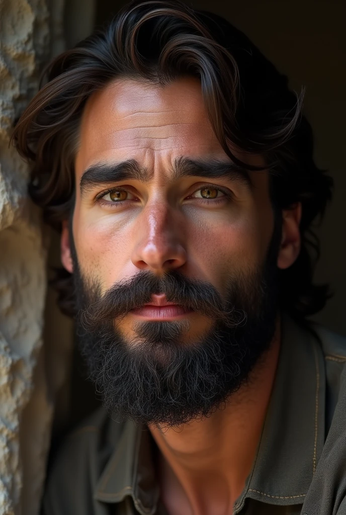  homme dans la trentaine avec une apparence légèrement méditerranéenne, ayant une barbe épaisse et bien entretenue, de couleur brun foncé. Ses cheveux sont également brun foncé, légèrement ondulés, et coiffés de manière naturelle, légèrement en arrière, avec une mèche subtile tombant sur le front. Il a des yeux marron clair, avec un regard intense mais bienveillant qui inspire confiance et sérénité.

Son visage est légèrement allongé, avec des traits bien définis : une mâchoire marquée, des pommettes modérément prononcées, et des sourcils épais qui soulignent son regard. Son expression est douce et calme, reflétant une personnalité introspective et sereine.