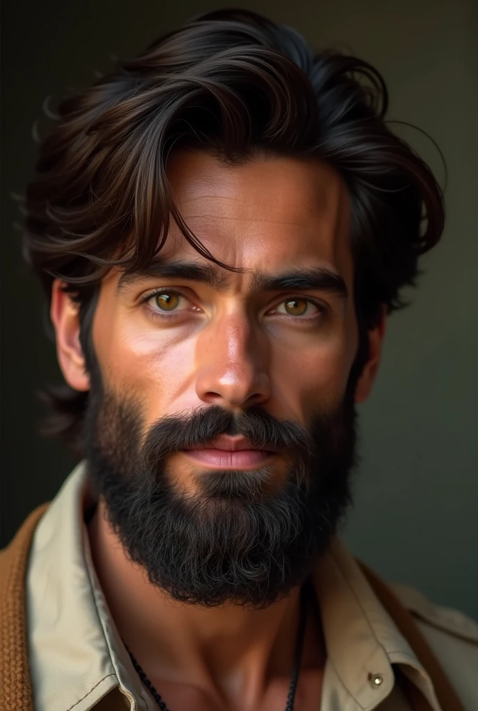  homme dans la trentaine avec une apparence légèrement méditerranéenne, ayant une barbe épaisse et bien entretenue, de couleur brun foncé. Ses cheveux sont également brun foncé, légèrement ondulés, et coiffés de manière naturelle, légèrement en arrière, avec une mèche subtile tombant sur le front. Il a des yeux marron clair, avec un regard intense mais bienveillant qui inspire confiance et sérénité.

Son visage est légèrement allongé, avec des traits bien définis : une mâchoire marquée, des pommettes modérément prononcées, et des sourcils épais qui soulignent son regard. Son expression est douce et calme, reflétant une personnalité introspective et sereine.