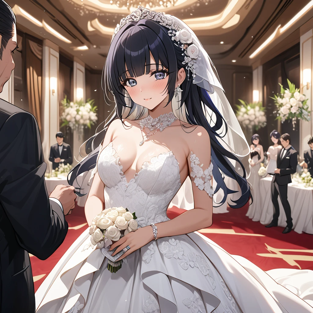 ((Highest quality)), ((masterpiece)), (detailed), （Perfect Face）、The woman is Reika Aoki, the wife of a mafia boss, with medium-long black hair and an engagement ring.、In a luxurious wedding hall, a woman is wearing a gorgeous wedding dress and having a luxurious mafia wedding with a mafia boss man.