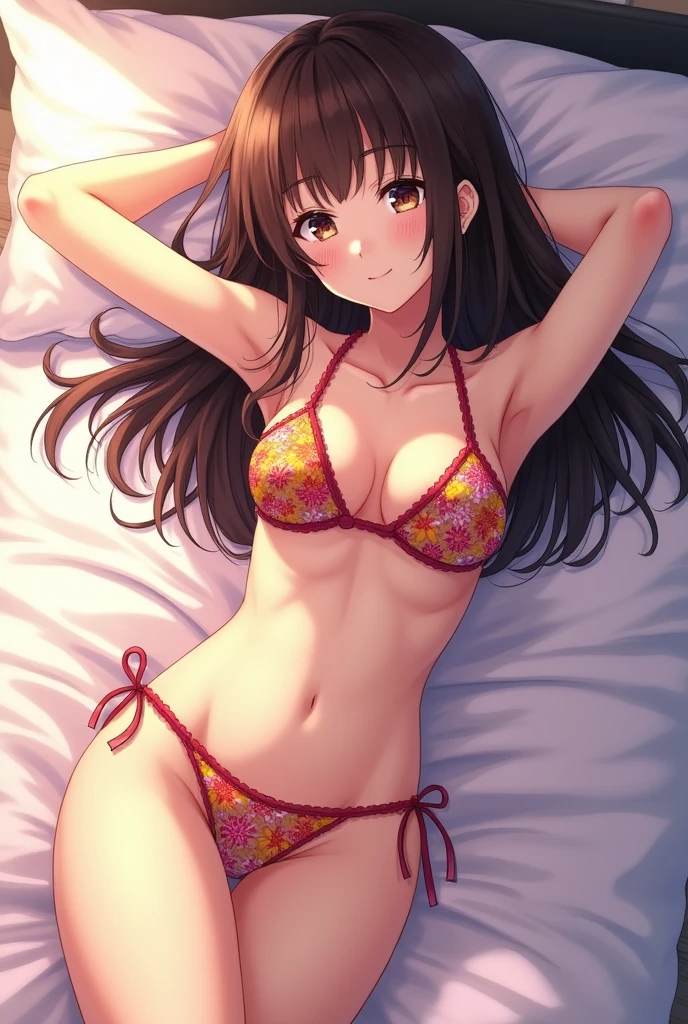 anime girl, Brunetette, in bikini, lying on a bed