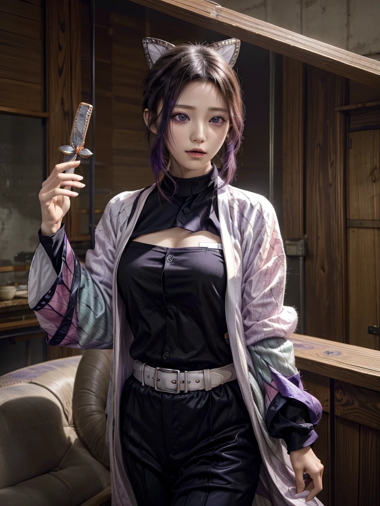 masterpiece, Highest quality, High resolution, One person, alone, kochou shinobu, Butterfly Hair Ornament, Purple eyes, Multicolored Hair, short hair, Parted bangs, Haori, Wide sleeves, Long sleeve, Black trousers, Black jacket, belt, Cowboy Shot, Have a weapon, sword