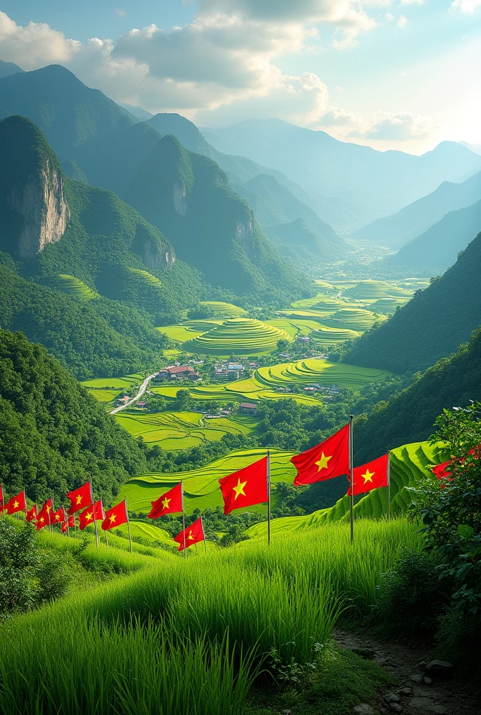 terraced fields in vietnam, many vietnamese flags