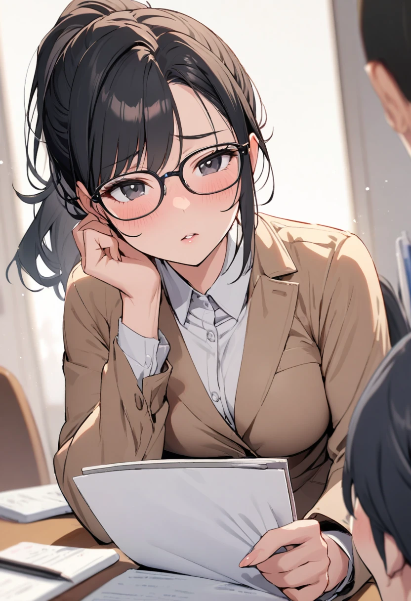 girl, mature, black eyes, black hair,  beautiful eyes, beautiful color, high detail, cute, ponytail, glasses, teacher,  front face, innocent