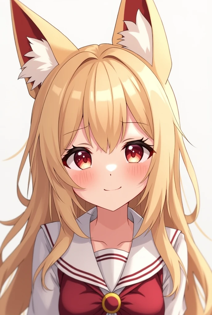 Light blonde anime girl, Eyes red , Red hair highlights in the front of the hair, blonde fox ears, ssmile
, long hair, face photo