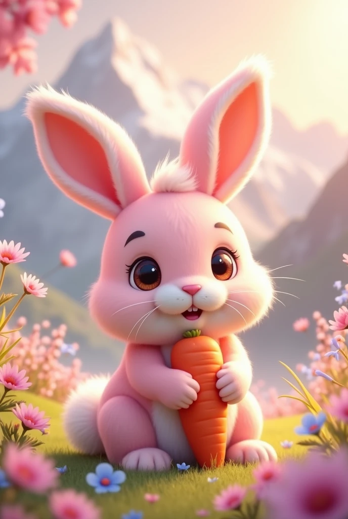 A cute pink bunny is holding a carrot. In the Swiss Alps, all the flowers are blue and the grass is light green.