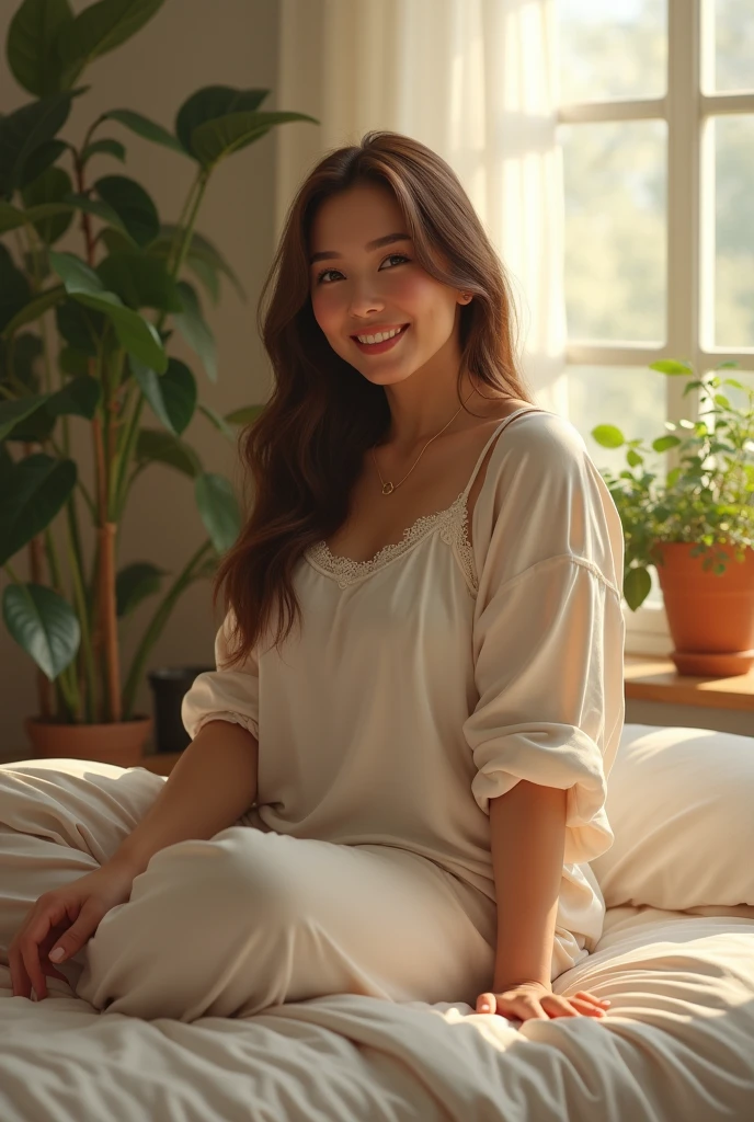 (photorealism:1.2), beautiful chubby woman, sitting on bed,smiling and wearing loose top, pajama pants, long straight hair, indoors, soft lighting, plants in background, window with sunlight, cozy room, relaxed pose, realistic, intricate details, warm colors, by Greg Rutkowski, by Alphonse Mucha