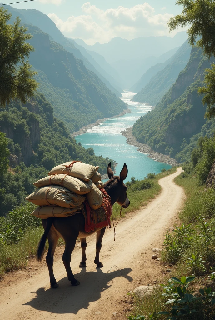 Many sacks on a donkey's back are passing by the road to the site of a large river