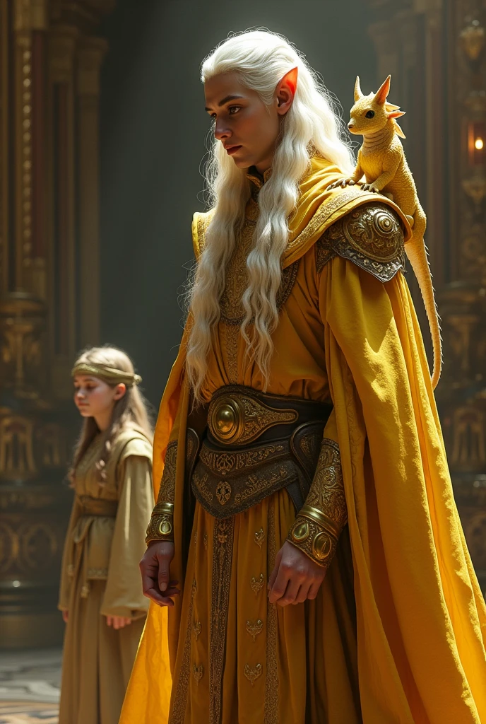 warlock, Elf in golden clothes, with a pseudo dragon, curled up on his shoulder, smiles warmly at the palace guard, weaving magical charm into his sweet words, to bend him to his will, girl blindfolded, without arms and legs