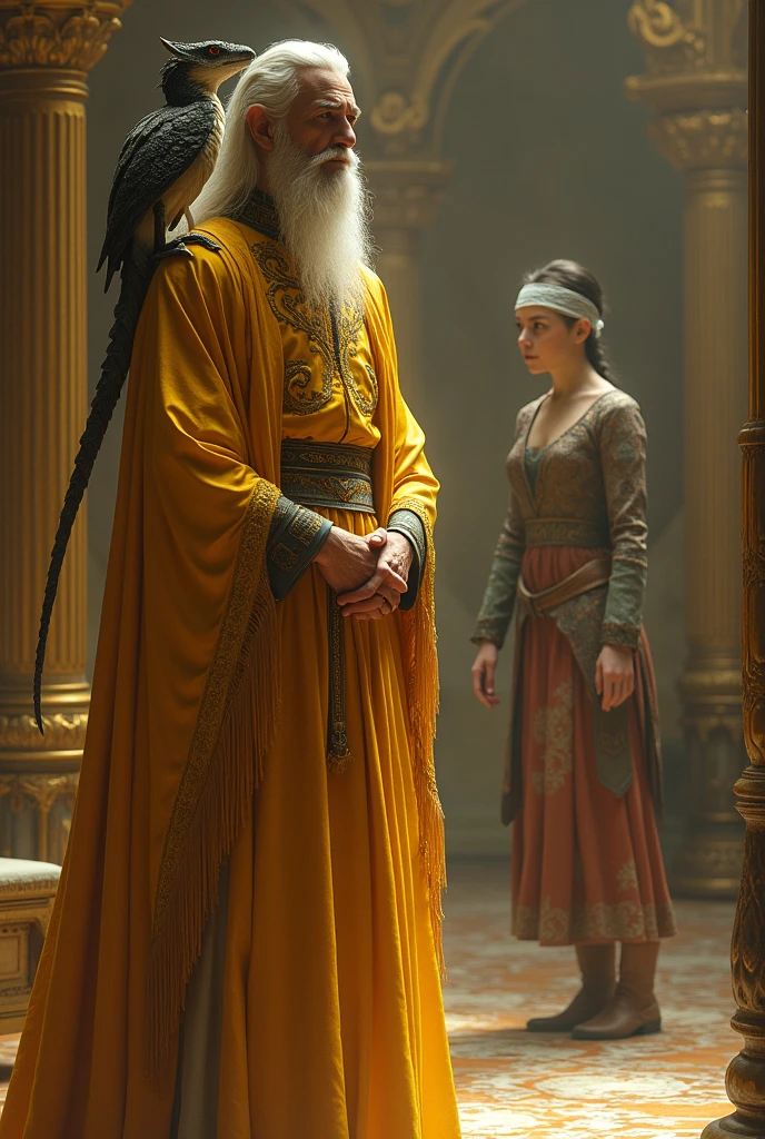 warlock, Elf in golden clothes, with a pseudo dragon, curled up on his shoulder, smiles warmly at the palace guard, weaving magical charm into his sweet words, to bend him to his will, girl blindfolded, without arms and legs