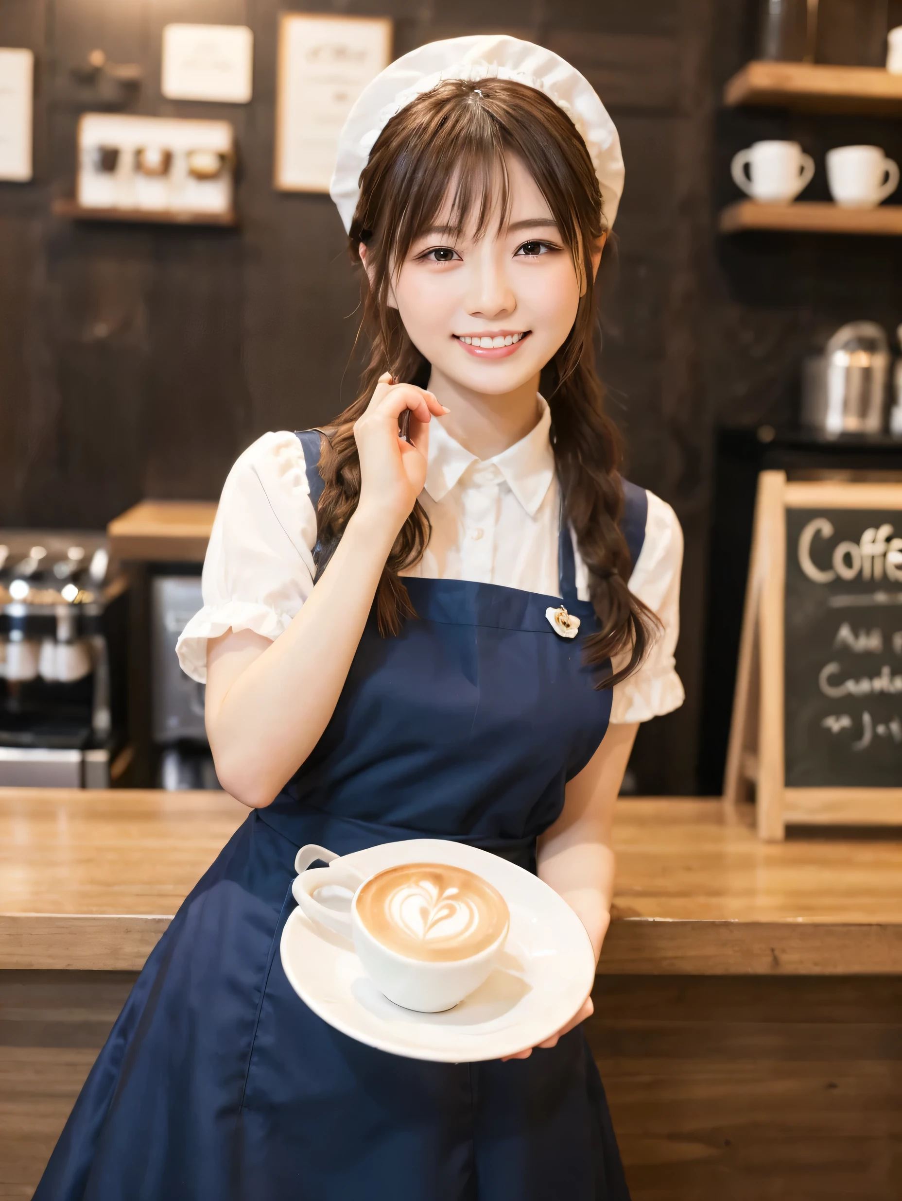 1 girl、(RAW Photos、Highest quality)、(Real、Photoreal:1.4)、Tabletop、Very delicate and beautiful、Very detailed、2k wallpaper、wonderful、Detailed、very detailedCG Unity 8K wallpaper、Super detailed、2、High resolution、(Green waitress outfit)、Long skirt、Frills、ribbon、Soft Light、Beautiful detailed girl、Cafe waitress、Medium Hair、Braided Hair、Very detailed目と顔、smile、Happy Face、Cafe、coffee shop、latte Art