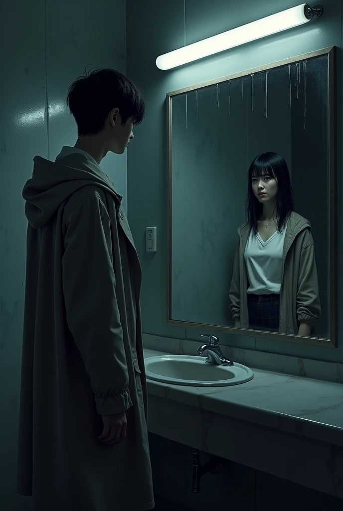 On a pitch-black night, a multitude of dark clouds covered the upper part of a university campus. In a bathroom near a building, water stains clung to the mirror. A tall, slender young man with short dark hair, wearing a raincoat and a white shirt underneath, was looking at the mirror. After a moment, a woman appeared behind him. She wore a hoodie over a white collared shirt and a black skirt, with shoulder-length black hair. She stared at the same mirror, but due to the darkness, her face was not clearly visible.