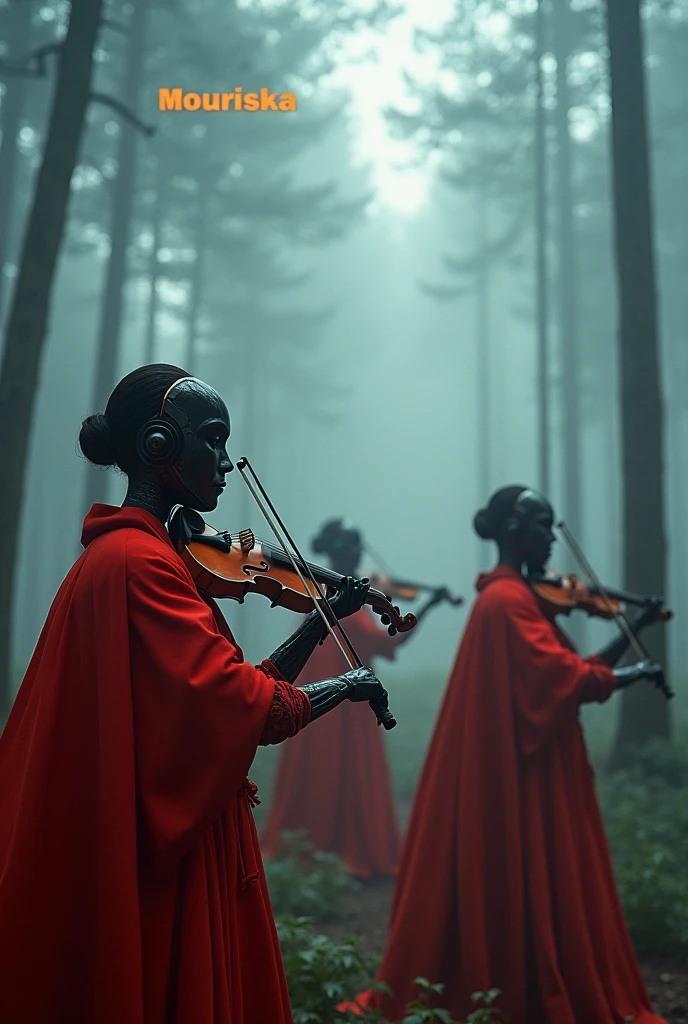 Cyborg wemen orchestra playing violencelle and all of them wearing red cape,vivid cinematic4k colors in a foggy forrest, the wemen should look like faminine make it as cover music album with the na Mouriska writed in futuristic orange